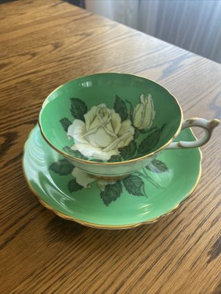Paragon Cabbage Rose Tea Cup & Saucer Rare Green And White Yellow