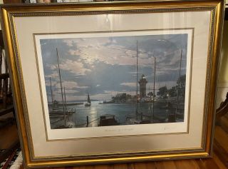 John Stobart Harbourtown By Moonlight Hilton Head Sc 1984 Rare Framed Exc.  Cond.
