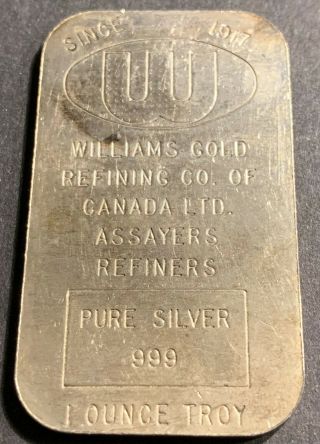 Williams Gold Silver Bar 1 Troy Ounce.  999 Rare Refining Company Of Canada