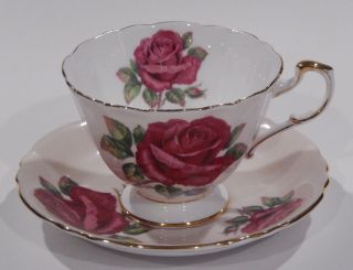 Rare Paragon Johnson FLOATING RED ROSE CUP & SAUCER Pink Colorway c1957 - 1960 2