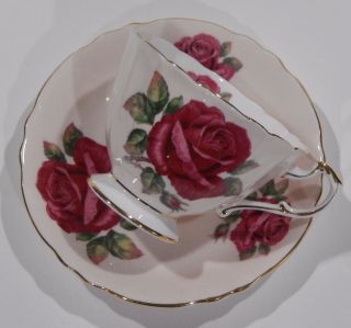 Rare Paragon Johnson FLOATING RED ROSE CUP & SAUCER Pink Colorway c1957 - 1960 3
