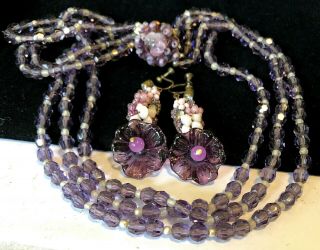 Rare Vintage Signed Miriam Haskell Horseshoe Purple Glass Necklace Earrings Set