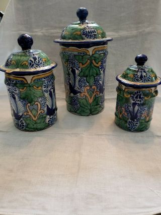 Vintage Uriarte Puebla México Talavera (3) Canisters Jars Rare Blue/green/yellow