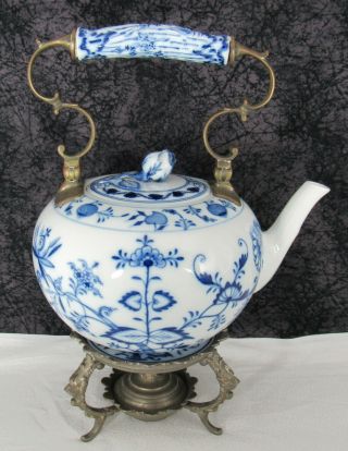 Rare Antique Meissen Blue Onion Porcelain Teapot W/ Warming Plate & Stand