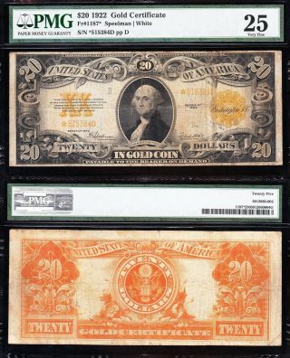 Awesome Rare Vf Star Note 1922 $20 Gold Certificate Pmg 25 5384d