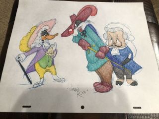 Virgil Ross Sketch - Daffy Duck,  Sylvester And Porky Pig Rare.  Signed 12.  5x10.  5”