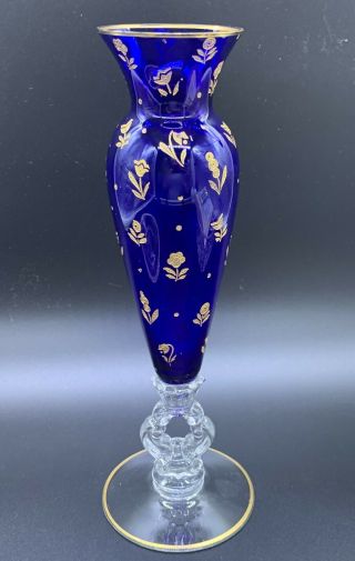Antique Cambridge Glass Clear Keyhole Cobalt Blue Gold Flowers Vase Rare
