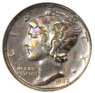 1942/1 Mercury Dime 10c Rainbow Coin - Anacs Au Details - Rare Overdate Variety