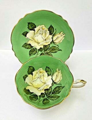 Paragon Cabbage Rose Tea Cup & Saucer Rare Green And White