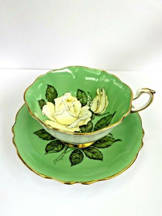 PARAGON CABBAGE ROSE TEA CUP & SAUCER Rare Green and White 2
