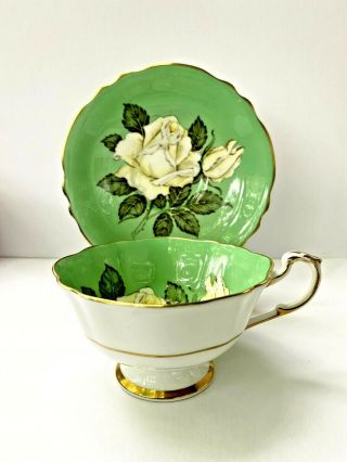 PARAGON CABBAGE ROSE TEA CUP & SAUCER Rare Green and White 4