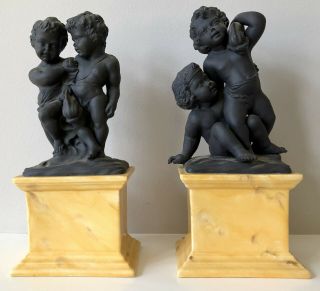 Vintage Rare Lg Pair Matte Black Putti Cherub Statues By Chelsea House Italy