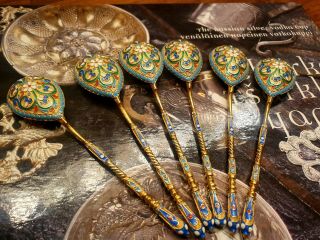 Set Of 6 Russian Silver Enamel Tea Spoons 84,  Rare