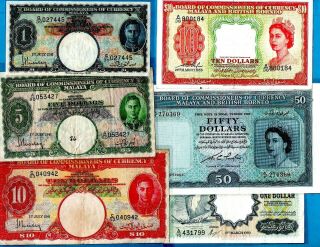 Malaya Banknote Kgvi Qeii $1 $5 $10 $50 Very High Grades Rare In This