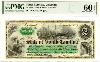 $2 1873 State Of South Carolina,  Columbia Pmg 66 Epq Gem Uncirculated - Very Rare