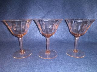 Set Of 3 Vintage Etched Pink Depression Glasses Stemmed Cocktail Champagne Rare
