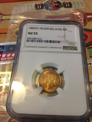 1882 - H Canada Newfoundland Victoria Gold $2 Coin - Ngc Au55 - Rare Coin