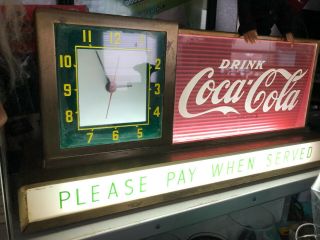 Rare Vintage Coca Cola Fountain Shop Light up Clock PLEASE PAY WHEN SERVED 5