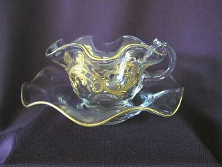 Gorgeous Rare Vtg Set Of 6 Blown Glass Gold Embellished Cups & Saucers - Ruffled