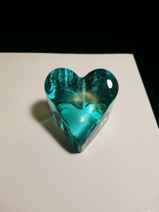 Fire & Light Recycled Aqua Glass Heart Paper Weight Signed Aqua Colored Rare