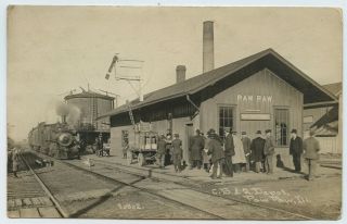 Rare 1912 Rppc Postcard C.  B.  & R.  Depot Paw Paw Train Station Railroad Illinois