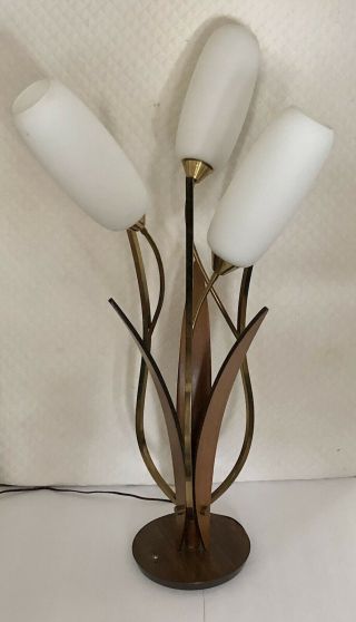 Rare Mid Century Modern Danish Teak Wood 3 Way 42” Tall Tulip Table Lamp Sweden
