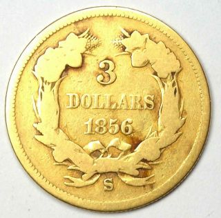 1856 - S Three Dollar Indian Gold Coin $3 - Rare San Francisco Date Coin 2