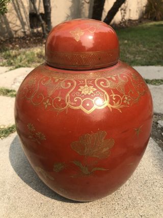 Rare 18/19th C Antique Chinese Porcelain Coral Red Gilt Ginger Jar Vase W Lid