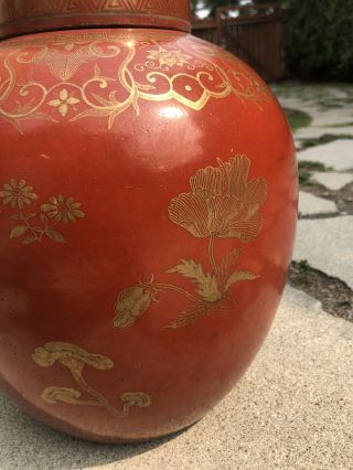 RARE 18/19th C ANTIQUE CHINESE PORCELAIN CORAL RED GILT GINGER JAR VASE w LID 3