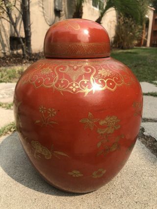 RARE 18/19th C ANTIQUE CHINESE PORCELAIN CORAL RED GILT GINGER JAR VASE w LID 4