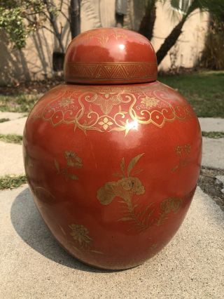RARE 18/19th C ANTIQUE CHINESE PORCELAIN CORAL RED GILT GINGER JAR VASE w LID 5
