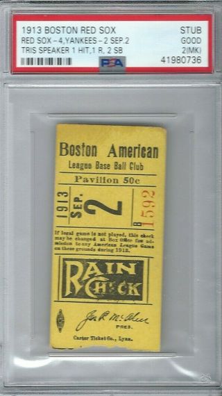 1913 Fenway Park Ticket Red Sox Yankees First Season Tris Speaker Psa 2 Rare