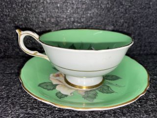 Antique 1940s Paragon White Rose Teacup & Saucer,  Green White Gold Rare