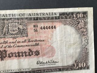 Australia 10 pound Coombs/Wilson 1961 WA 56 444444 solid number gF/aVF,  RARE 3