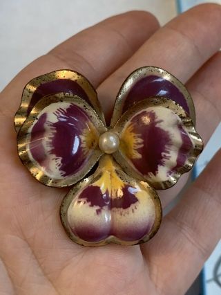 Antique Brooch Victorian Style Flower Circa 1910s - 1920s Gold Enamel Very Rare