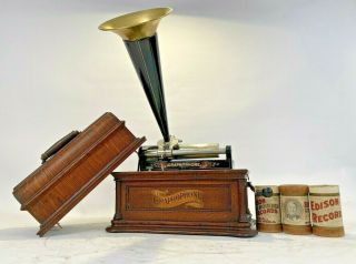 Rare Columbia Graphophone Type Bf Cylinder Phonograph W/ 3 Cylinder Records