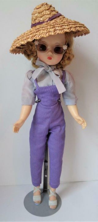 Rare 1950s Madame Alexander Cissy Doll In Tagged Purple Bibs Blouse Straw Hat