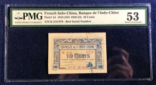 French Indochina 10 Cents 1919 Pick 44 Red Serial 3 Numbers Rare Pmg 53 Aunc