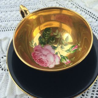 Rare Rare Windsor Floating Cabbage Rose In Gold Cup And Saucer