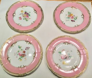 9 Rare Old Paris Porcelain Antique Hand Painted Floral Pink And Gold 9 " Plates