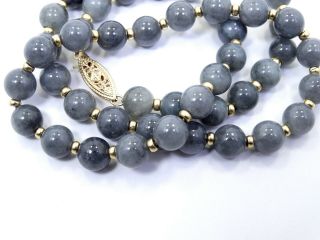 Rare Vintage Grey Jadeite 14k Gold Bead Strand Gray Jade Necklace