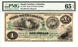 $1 Mar.  2,  1872 Columbia South Carolina Pmg 65 Epq Gem Uncirculated - Wow Rare