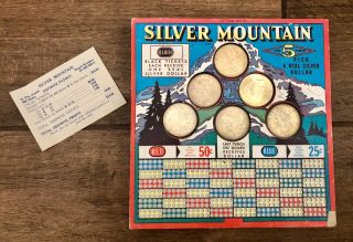 Rare Vintage Silver Mountain Punch Board Stimulator W/ 5 Silver Dollars