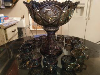 Rare Antique Carnival Glass Rainbow Iridescent Punch Bowl On Base And 14 Cups