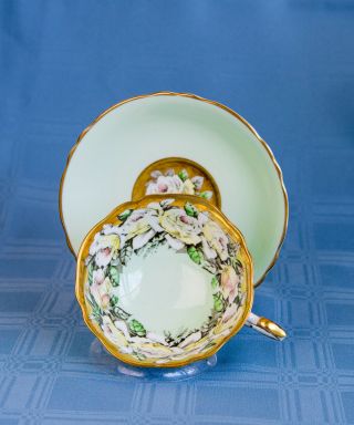 Rare Vintage Paragon Teacup Tea Cup Saucer Green Roses Gold 1940s