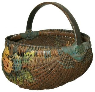 Rare Late 19th C Native American Antique Gthrng Basket,  W/hnd Pntd Fruit/handle