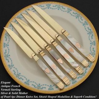 Rare Antique French Vermeil & Mother Of Pearl 6pc Knife Set: 1819 - 38 Hallmark