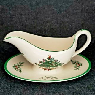 Spode England Christmas Tree Gravy Boat With Attached Underplate Rare