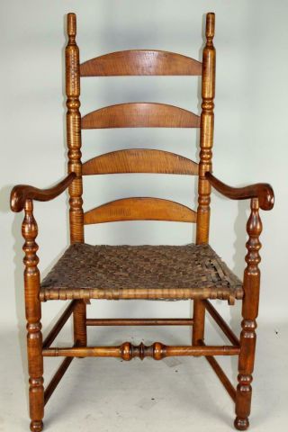 A Rare 18th C Ct 4 Slat Ladderback Armchair In The Best Screaming Tiger Maple