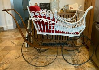 Antique Heywood Brothers Large Wicker Baby Carriage Buggy With 100 Rare 1870s